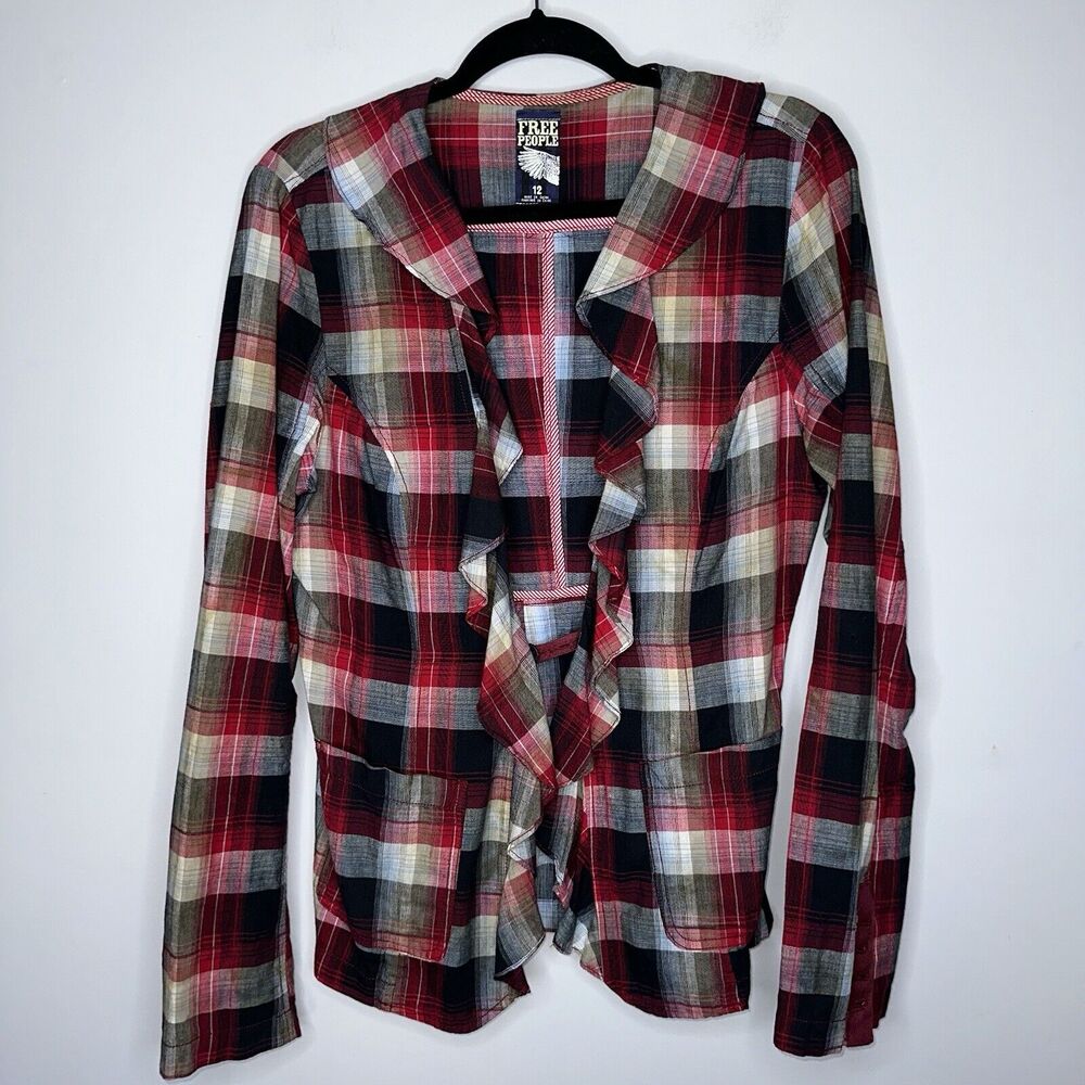 Free People Red Black Plaid Ruffle Front Jacket
